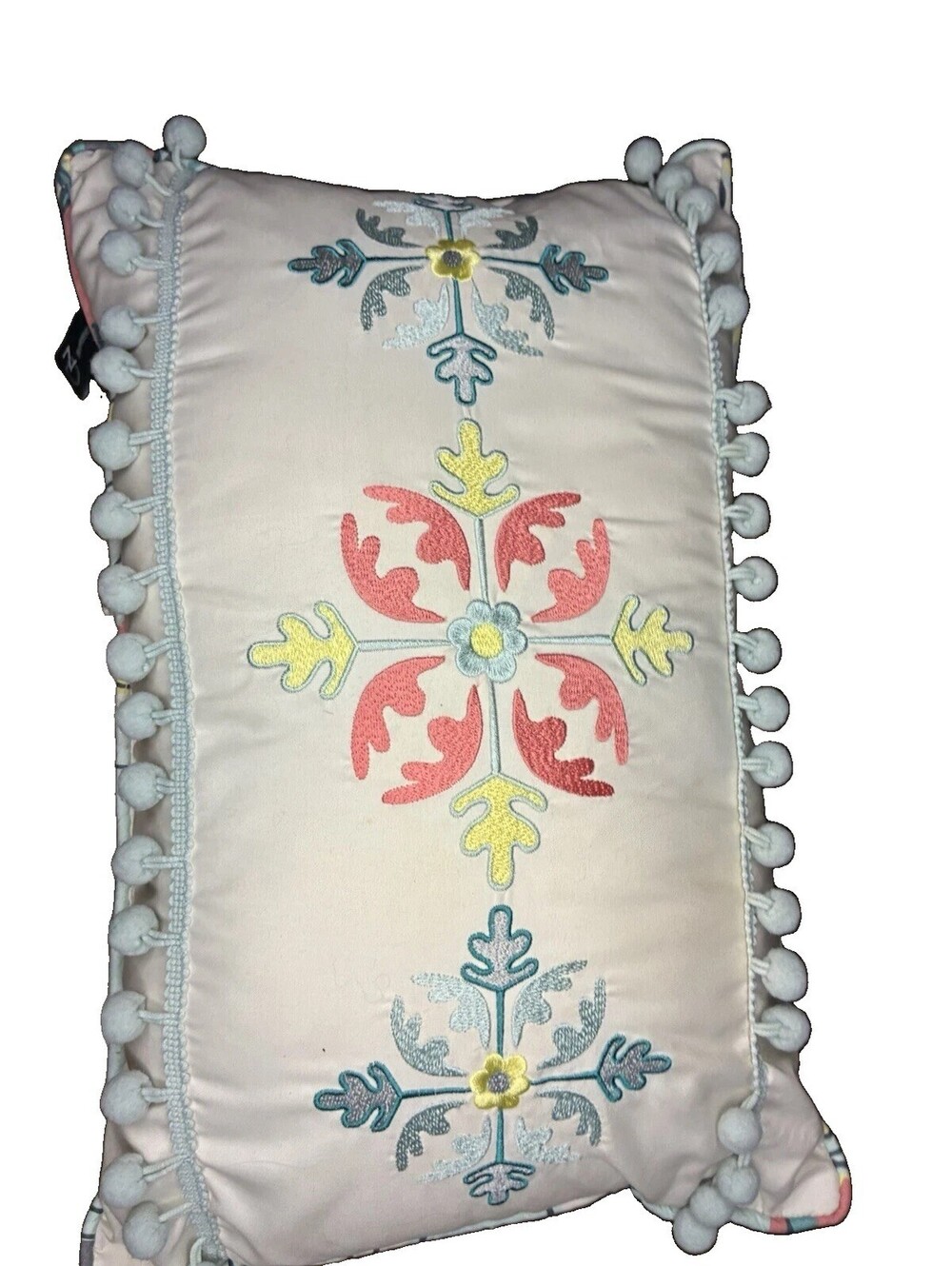 New Directions Boho Pastel Embroidered Decorative Pillow with Pom-Pom Trim